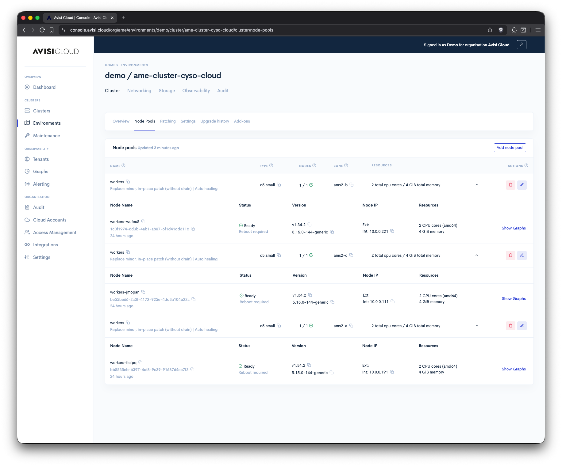 Schermafbeelding van het nodepools-overzicht in de Avisi Cloud Console