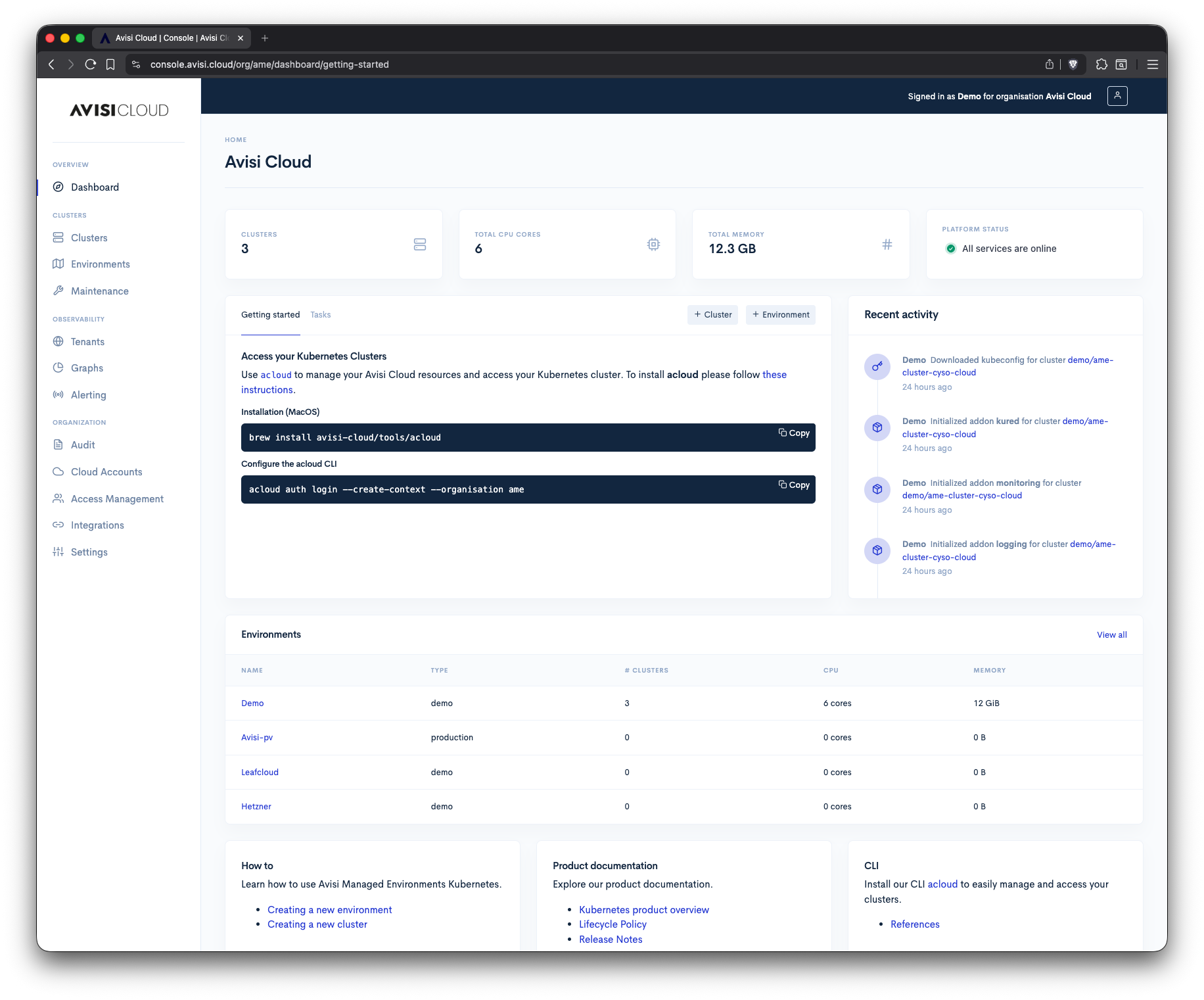 Schermafbeelding van het organisatiedashboard in de Avisi Cloud Console