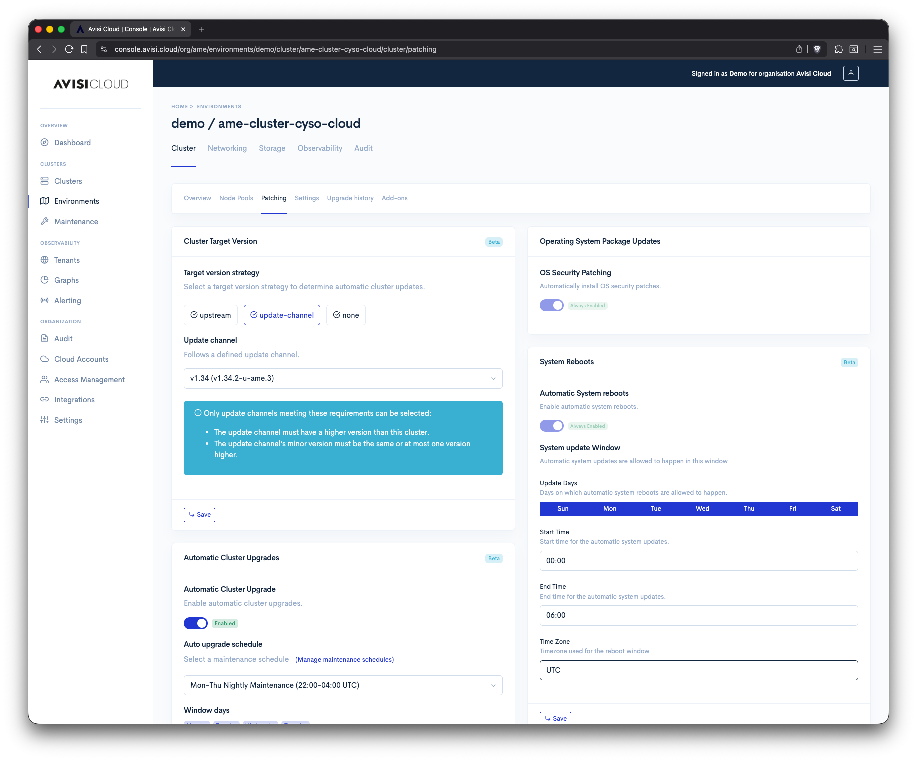 Schermafbeelding van het patching- en onderhoudsoverzicht in de Avisi Cloud Console